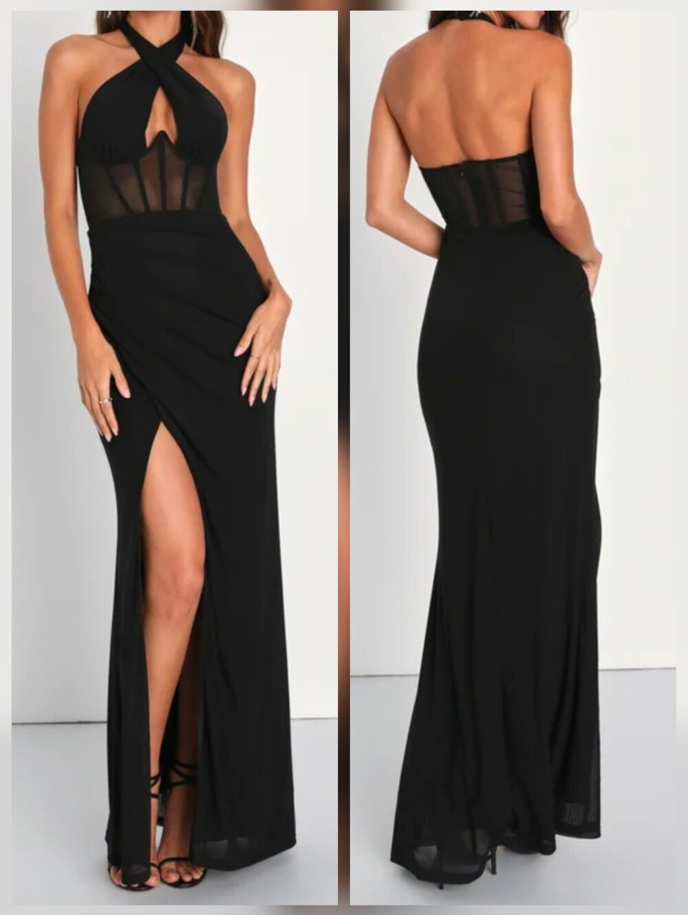 Lulus Never-Ending Glamour Black Mesh Cross-Front Halter Maxi Dress - Size Small